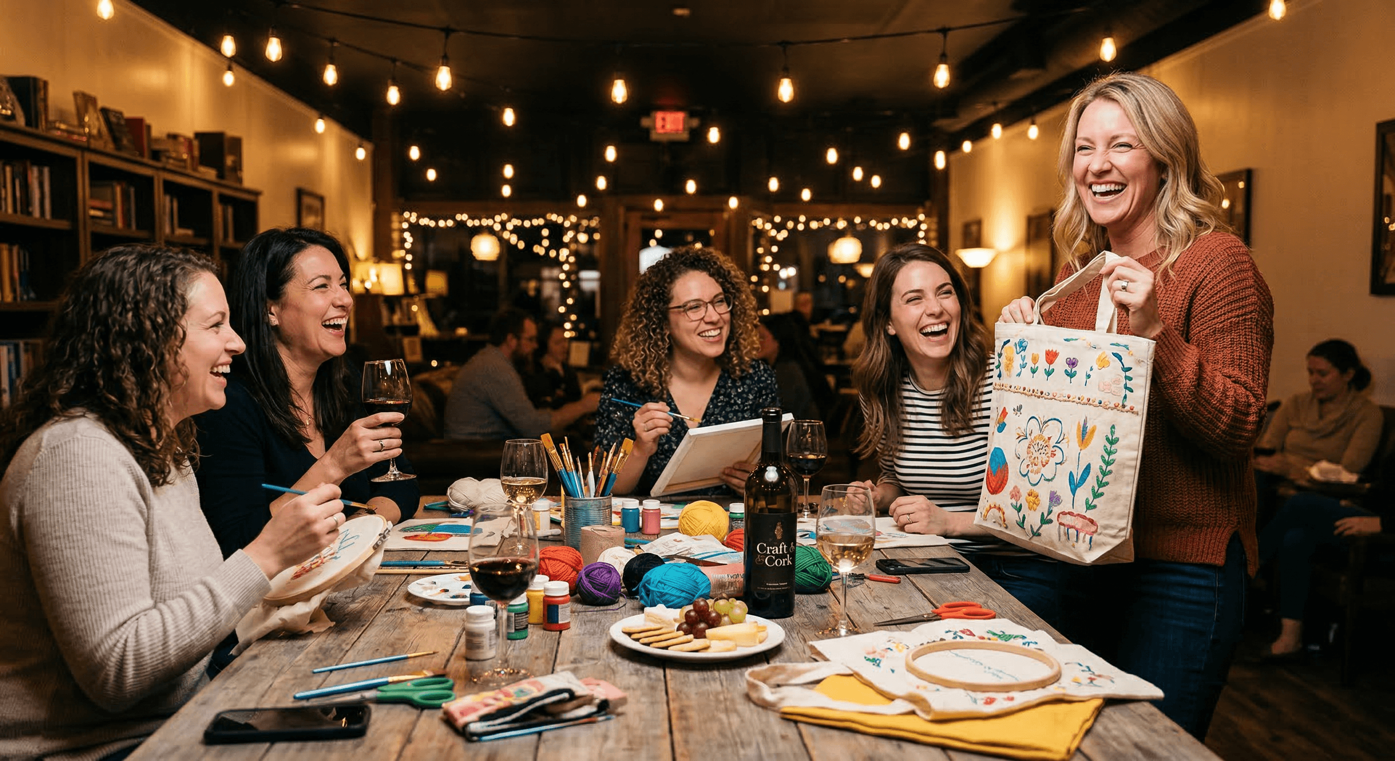 Adults enjoying a craft night with drinks and creativity