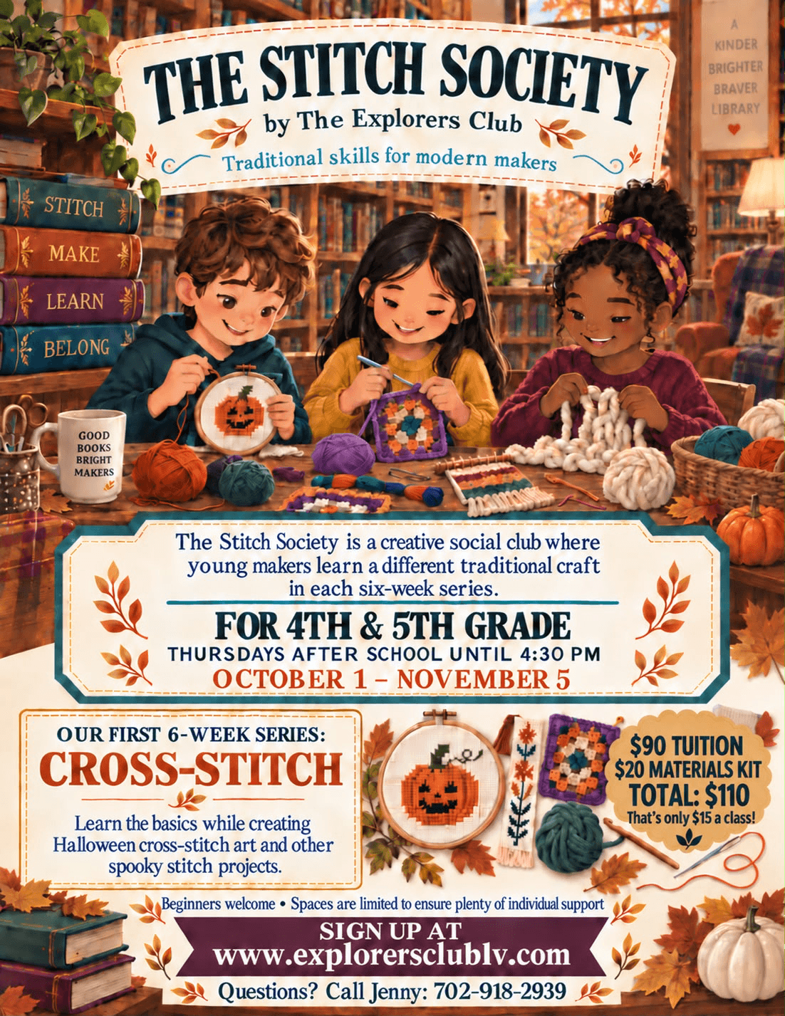 The Stitch Society flyer: three children cross-stitching, crocheting and knitting at a library table